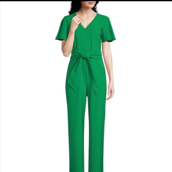 Emerald Green V-Neck Jumpsuit with Flutter Sleeves - Picture 1 of 7